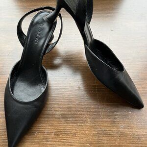 M.Gemi Kitten Heel Pointed Toe Black Sling Back Leather Pumps Shoes